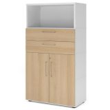 Aktenregal 4 OH mit Türen + Schubladen FLEXWALL | Weiss/Eiche Aktenregal 4 OH mit Türen + Schubladen FLEXWALL | Weiss/Eiche