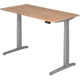 Steh-Sitz-Schreibtisch PREMIUM silver | elektrisch höhenverstellbar | B160 x T80 cm | Nussbaum hell