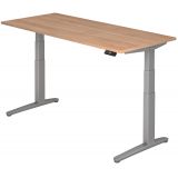 Steh-Sitz-Schreibtisch PREMIUM silver | elektrisch höhenverstellbar | B180 x T80 cm | Nussbaum hell