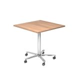 quadratischer Sitz-/Stehtisch höhenverstellbar | Gestell chrom | Platte Nussbaum hell