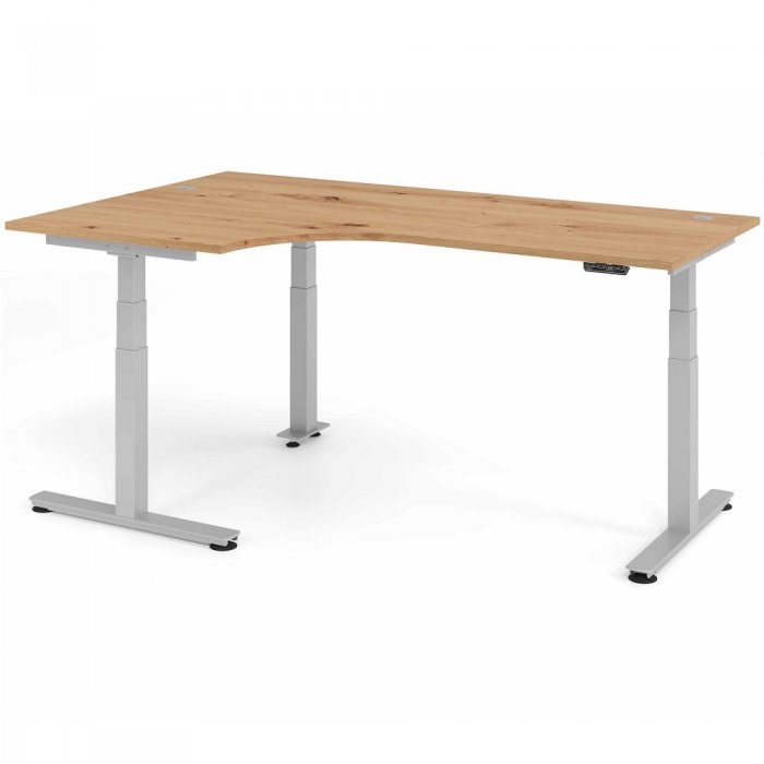 Steh-Sitz-Schreibtisch COMFORT silver | elektrisch höhenverstellbar | in  Eckwinkelform | Eiche Rusti