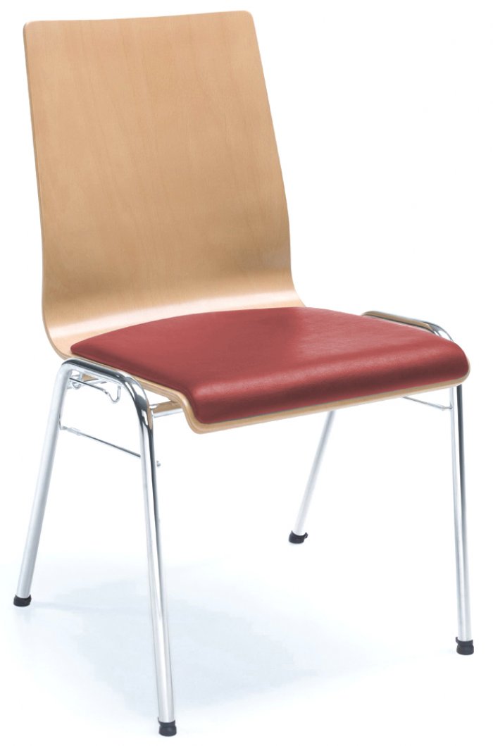 Stapelstuhl aus Holz in Buche | stapelbar | Chrom | Bezug rot